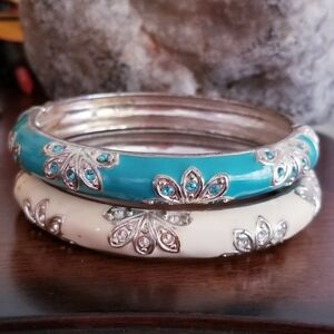 Elegant Bangle Bracelets Set Aqua Blue & White Silver & Crystal Accents
